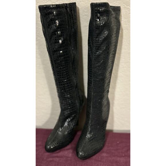 White House Black Market Metro Blk Croc Design Long Dress High Heel Boots, 7 - Picture 2 of 10